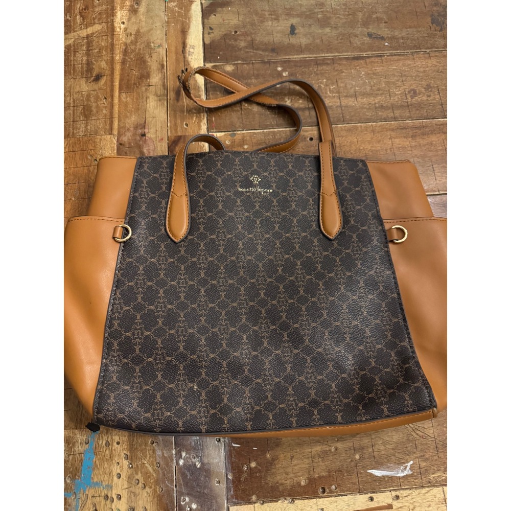 Nanette Lepore Brown Monogram Tan Colorblock Tote Bag Shoulder Purse Gold